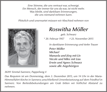 Traueranzeige von Roswitha Möller 