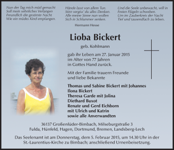 Traueranzeige von Lioba Bickert 