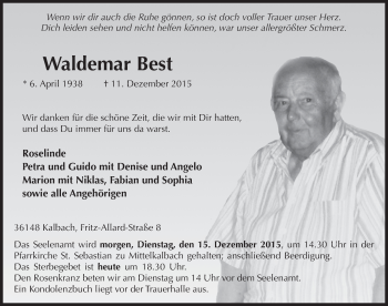 Traueranzeige von Waldemar Best 