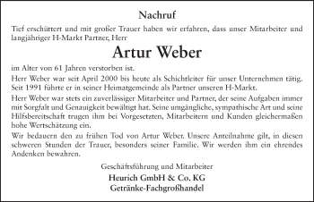 Traueranzeige von Artur Weber 