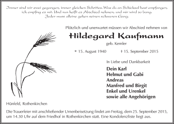 Traueranzeige von Hildegard Kaufmann 