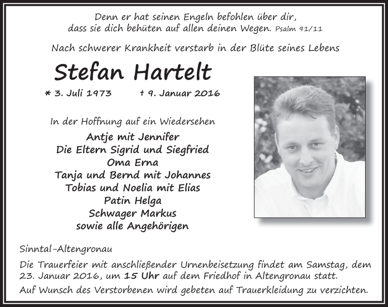  Traueranzeige für Stefan Hartelt vom 18.01.2016 aus 