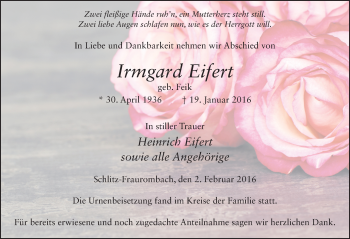 Traueranzeige von Irmgard Eifert 