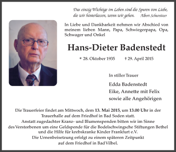 Traueranzeige von Hans-Dieter Badenstedt 