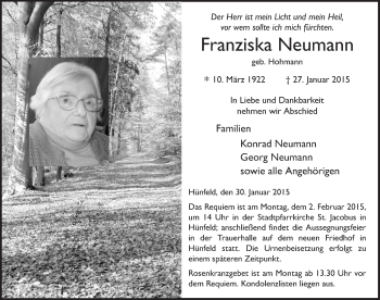 Traueranzeige von Franziska Neumann 