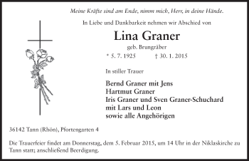 Traueranzeige von Lina Graner 