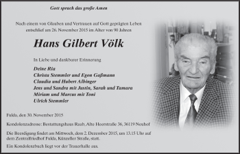 Traueranzeige von Hans Gilbert Völk 