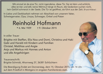 Traueranzeige von Reinhold Hofmann 