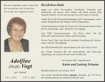 Traueranzeige von Adolfine Vogt 