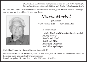 Traueranzeige von Maria Merkel 