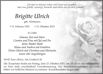 Traueranzeige von Brigitte Ulrich 