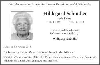 Traueranzeige von Hildegard Schindler 