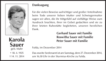 Traueranzeige von Karola Sauer 