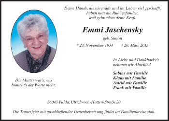 Traueranzeige von Emmi Jaschensky 