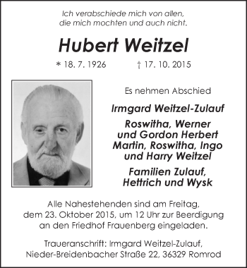 Traueranzeige von Hubert Weitzel 