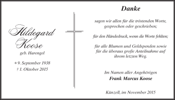 Traueranzeige von Hildegard Koose 