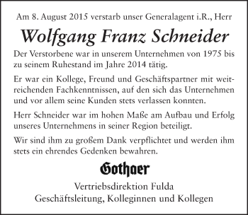 Traueranzeige von Wolfgang Franz Schneider 
