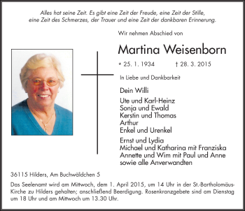 Traueranzeige von Martina Weisenborn 