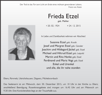 Traueranzeige von Frieda Etzel 