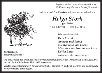 Traueranzeige von Helga Stork 