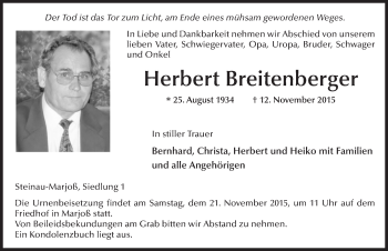 Traueranzeige von Herbert Breitenberger 