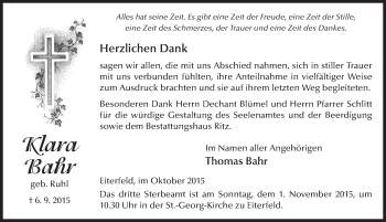 Traueranzeige von Klara Bahr 