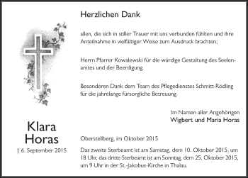 Traueranzeige von Klara Horas 