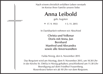 Traueranzeige von Anna Leibold 