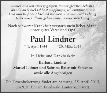 Traueranzeige von Paul Lindner 