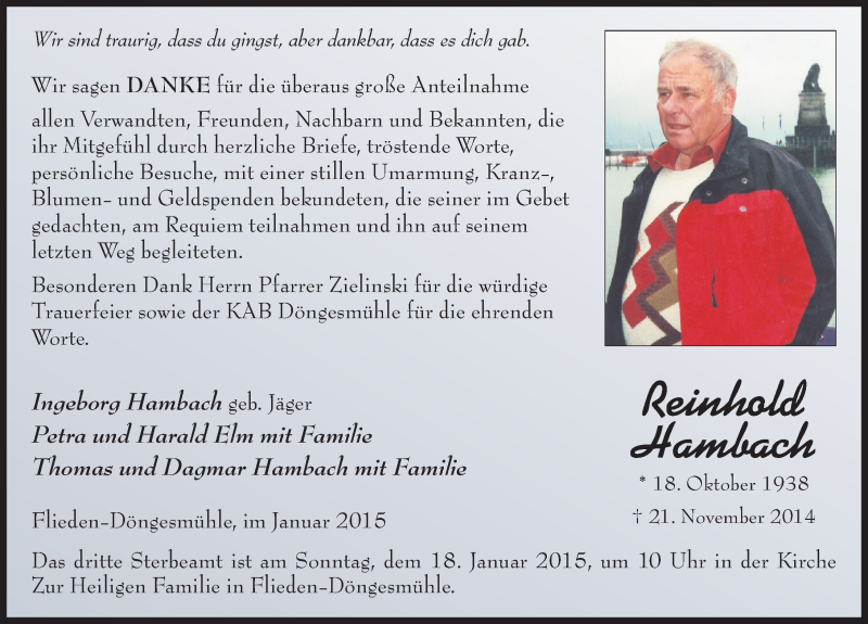  Traueranzeige für Reinhold Hambach vom 17.01.2015 aus 