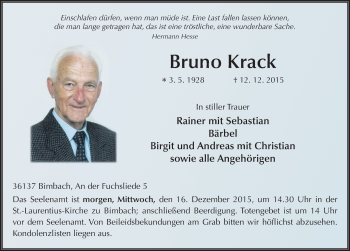 Traueranzeige von Bruno Krack 