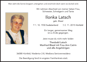 Traueranzeige von Ilonka Latsch 
