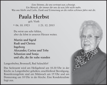 Traueranzeige von Paula Herbst 