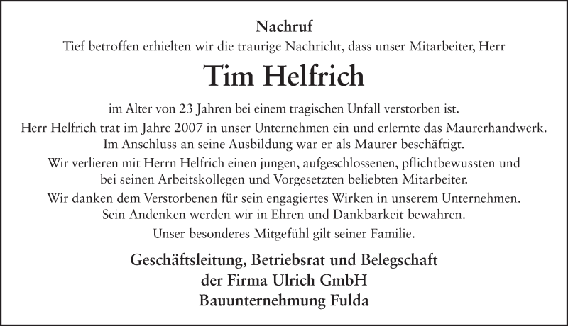  Traueranzeige für Tim Helfrich vom 20.07.2015 aus 