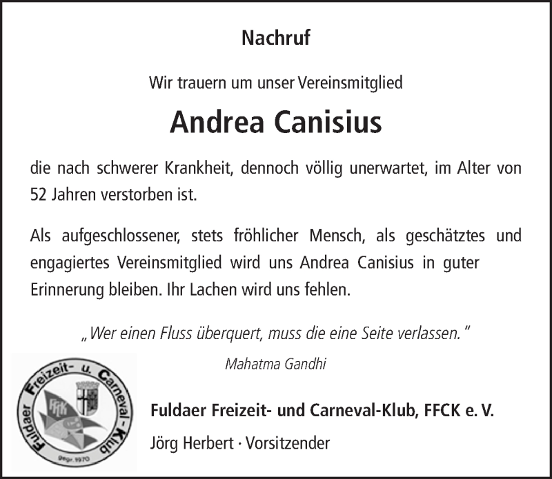  Traueranzeige für Andrea Canisius vom 18.07.2015 aus 