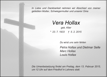 Traueranzeige von Vera Hollax 