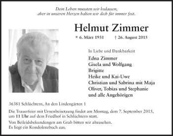 Traueranzeige von Helmut Zimmer 