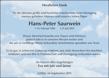 Traueranzeige von Hans-Peter Saurwein 