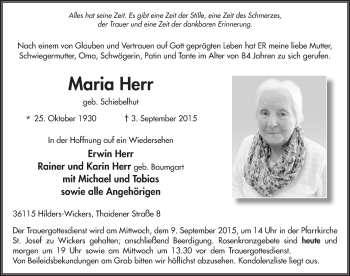 Traueranzeige von Maria Herr 