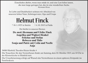 Traueranzeige von Helmut Finck 