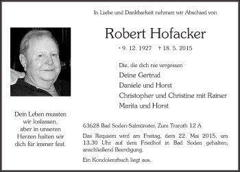 Traueranzeige von Robert Hofacker 