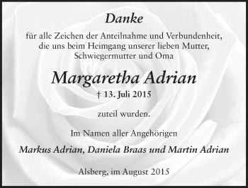 Traueranzeige von Margaretha Adrian 