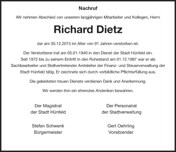 Traueranzeige von Richard Dietz 