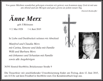 Traueranzeige von Änne Merx 