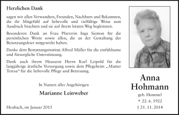 Traueranzeige von Anna Hohmann 