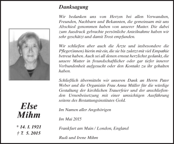 Traueranzeige von Else Mihm 