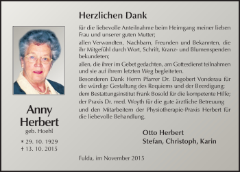 Traueranzeige von Anny Herbert 