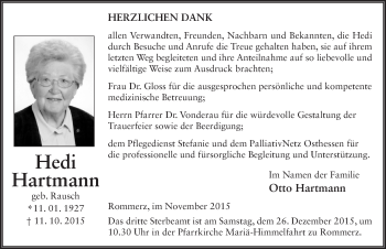 Traueranzeige von Hedi Hartmann 