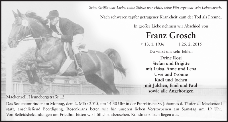  Traueranzeige für Franz Grosch vom 27.02.2015 aus 