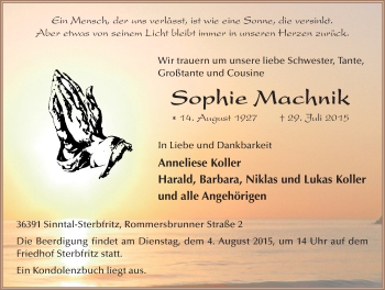 Traueranzeige von Sophie Machnik 